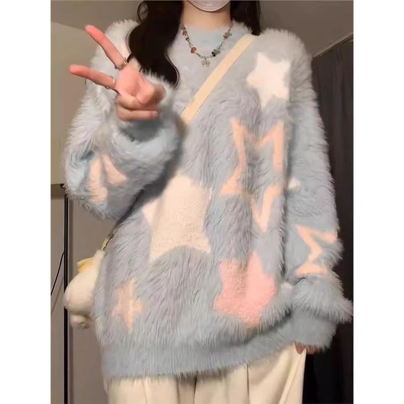 

Mink Sweater Female Autumn and Winter High School Junior High School Student Youth 15 Years Old 13 Velvet Padded Thickened Outer Wear Knitwear Blue 165cm wear M