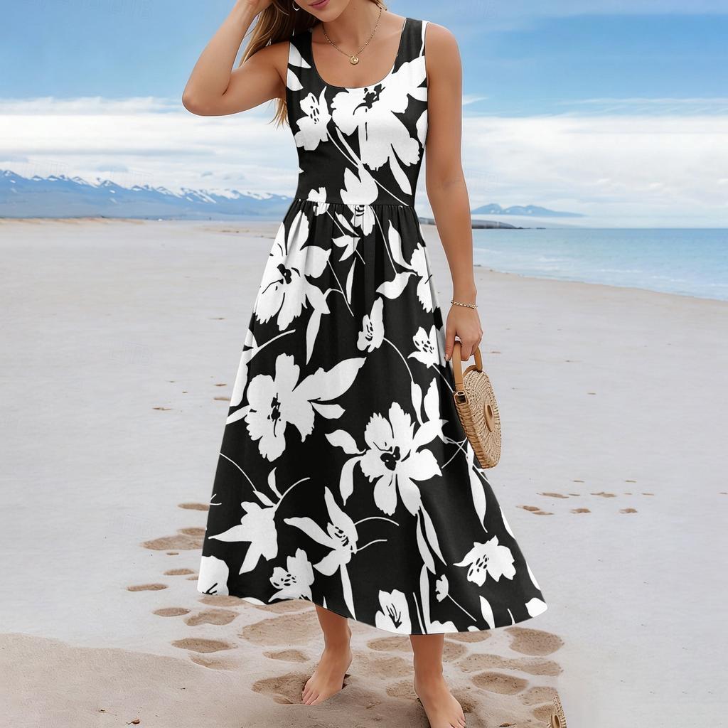 Damen-Sommerkleid mit Blumenmuster, lässig und modisch, ärmellos, lang