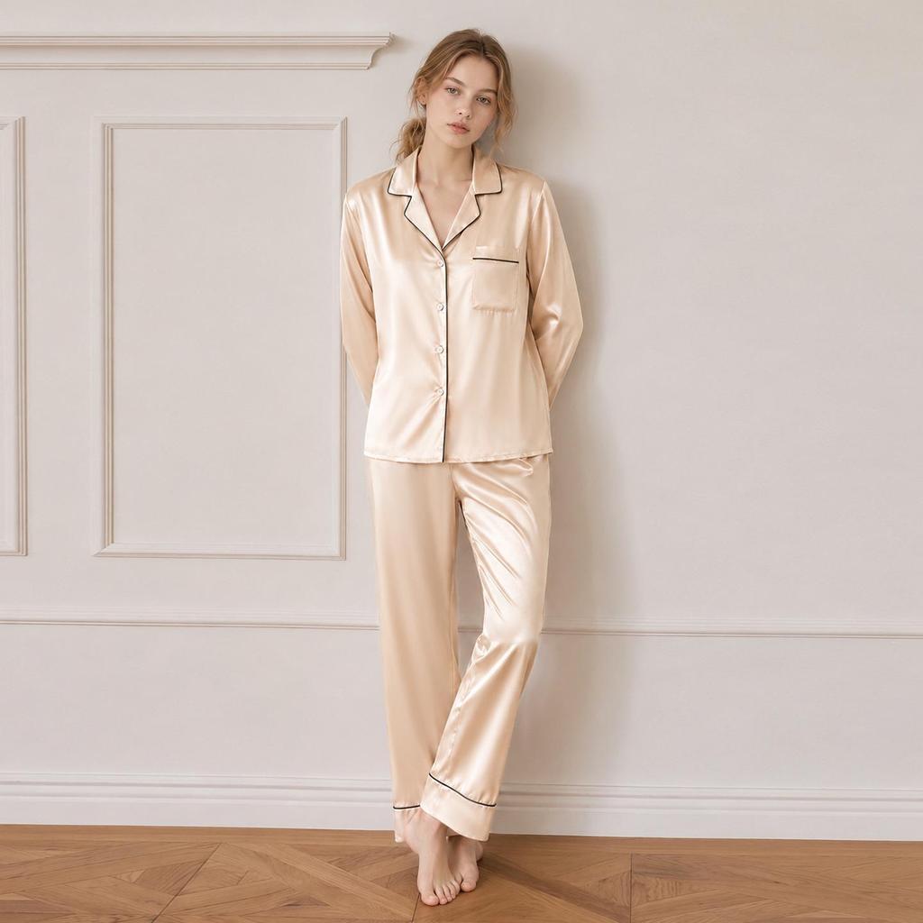 Seidenpyjama-Set mit Schmetterlingsstickerei - Damen Maulbeerseide Zweiteiler für Frühling/Sommer