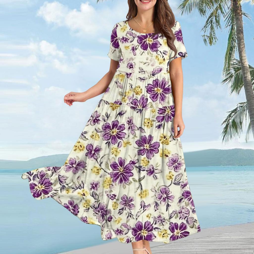 Women's Casual Loose Bohemian Floral Print Short Sleeve Dress