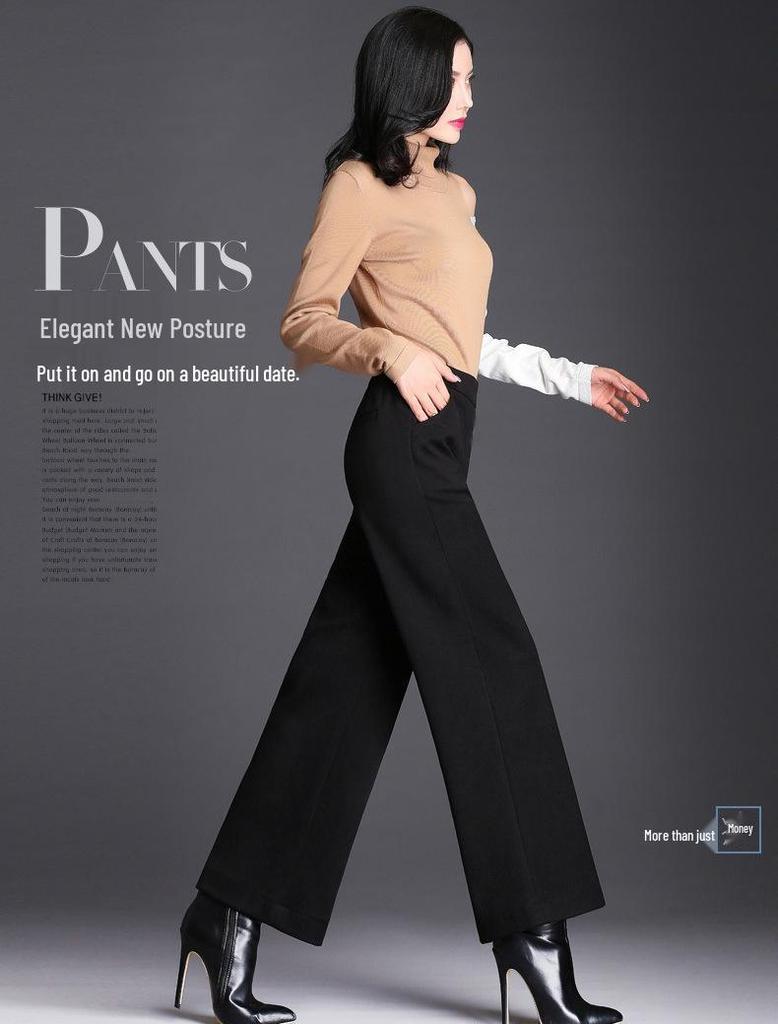 Women's High-Waisted Wool Wide-Leg Pants, Autumn/Winter Flare, Loose-Fit, Nine-Tenths Length.