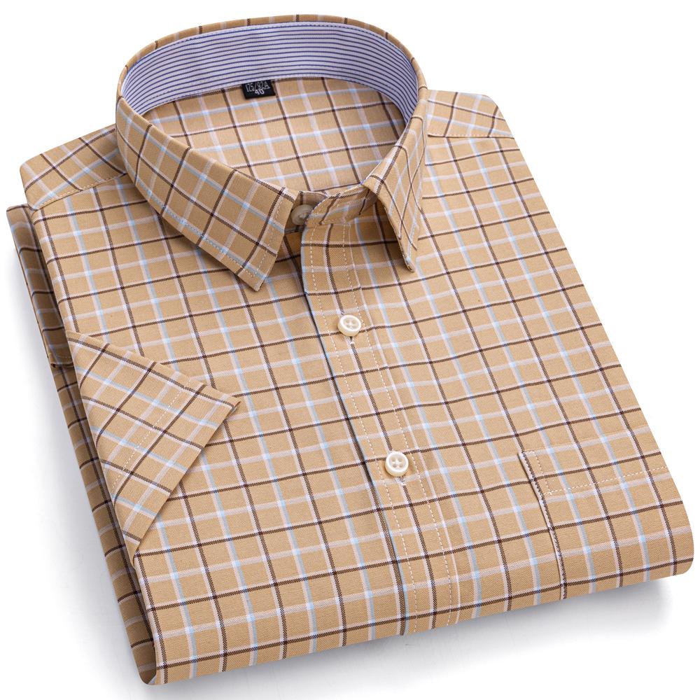 Herren 100% Baumwolle Mehrfarbig Kariert Oxford Hemden Kurzarm Regular Fit Kragen Freizeit Button-Down-Hemd mit Tasche