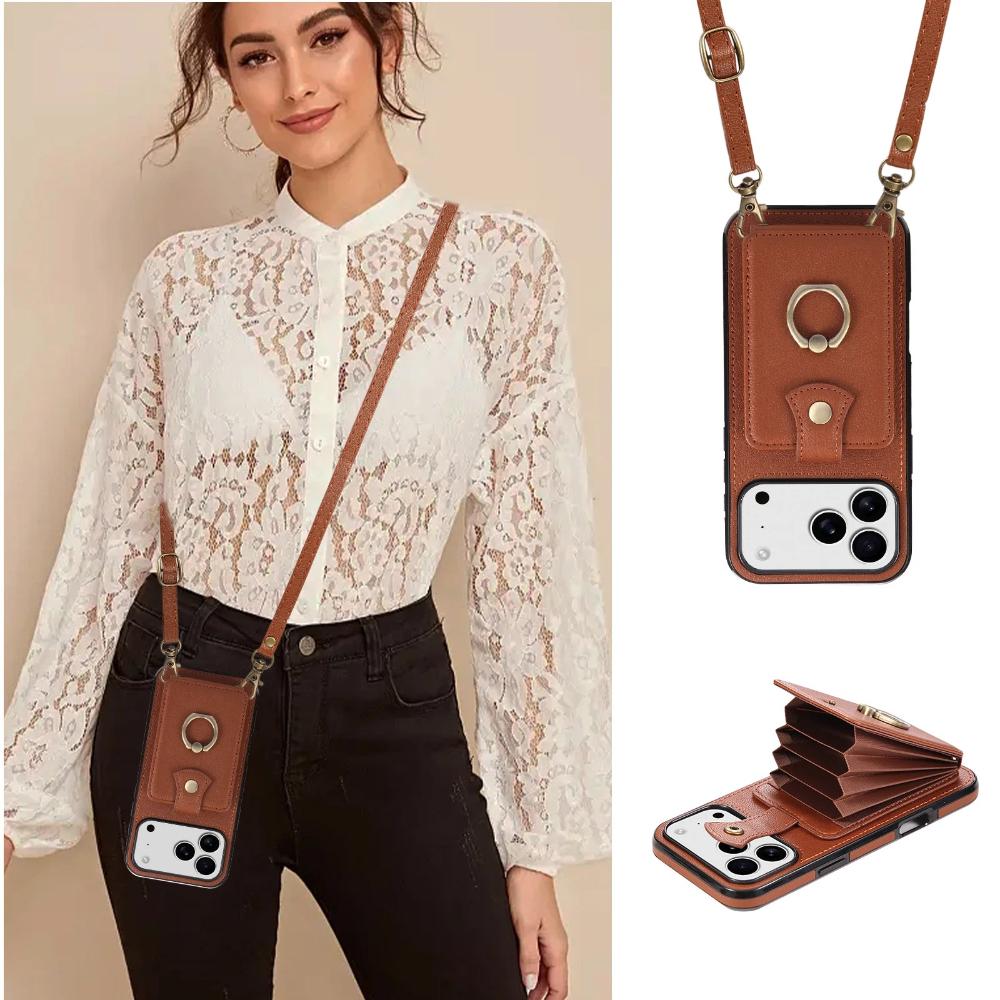 Strap Crossbody Leather Phone Case for iPhone 17 Pro Max Air 17E 16E 16 Plus 15 Pro 14 13 Mini 12 11 Ring Card Holder Bag Cover