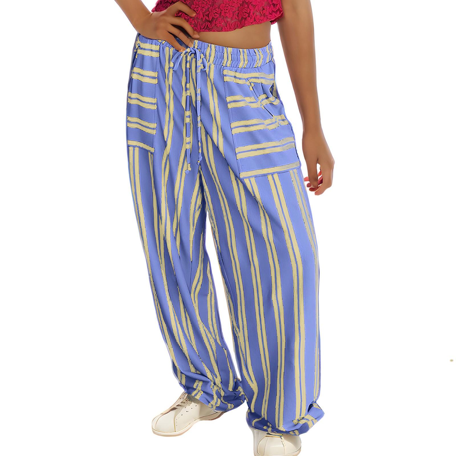 

Женские широкие брюки в полоску, свободные брюки с завязками, удобные полосатые брюки с высокой талией и карманами XL небесно-голубой