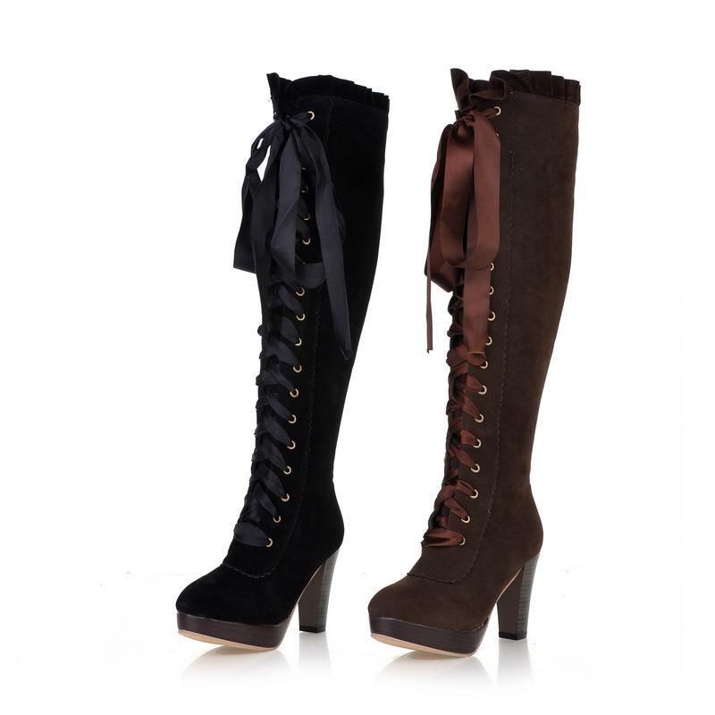 High Heel Martin Boots, Suede Front Lace-Up High Boots, Round Head Water Table Boots Large Size F