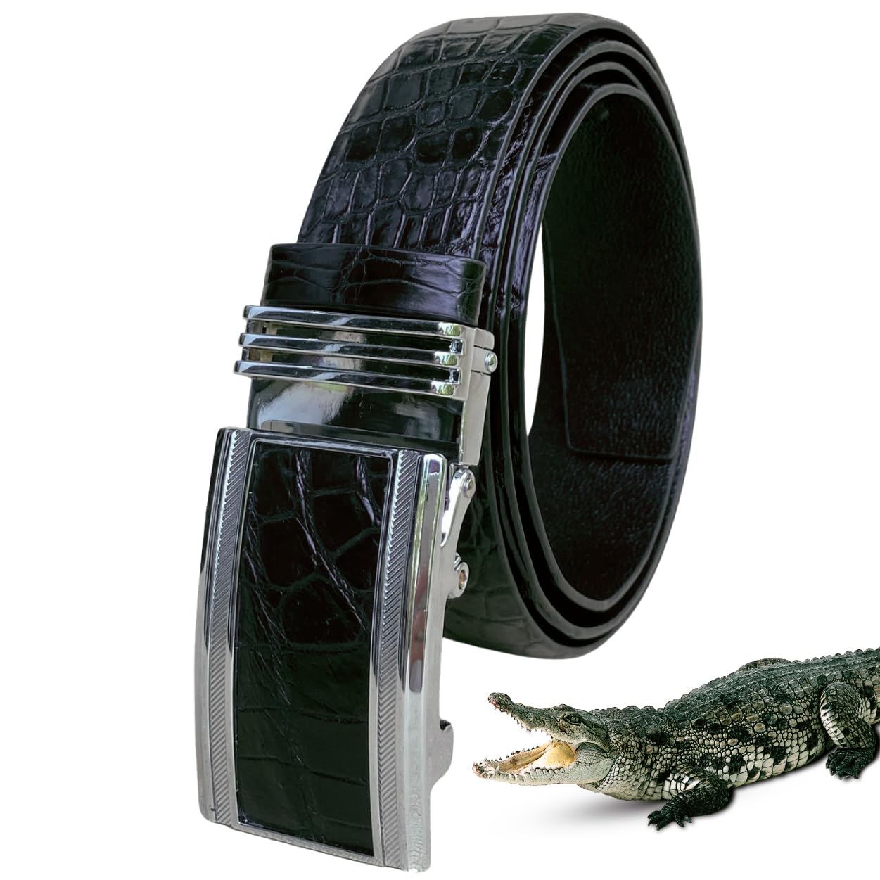 [vinacreations] Black Crocodile Belt, Long, Automatic Buckle, Large Size, Men s Crocodile Belt, Holeless, Auto Buckle, Business Belt, Large Size,