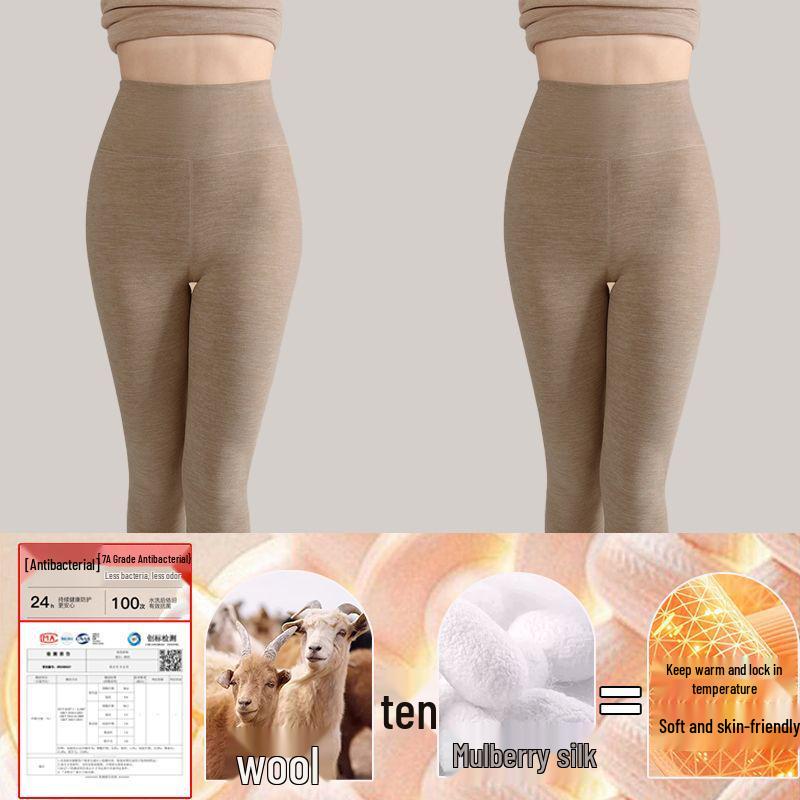 Women's High-Waisted Thermal Fleece Pants: Seamless Wool and Silk Base Layer for Indoor Autumn/Winter Wear.