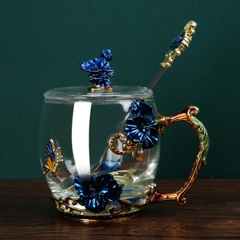 Emaille Glas Tassenset Muster Glas Tasse mit Löffel Emaille Tasse Milch Zitrone Blume Schmetterlinge Tasse