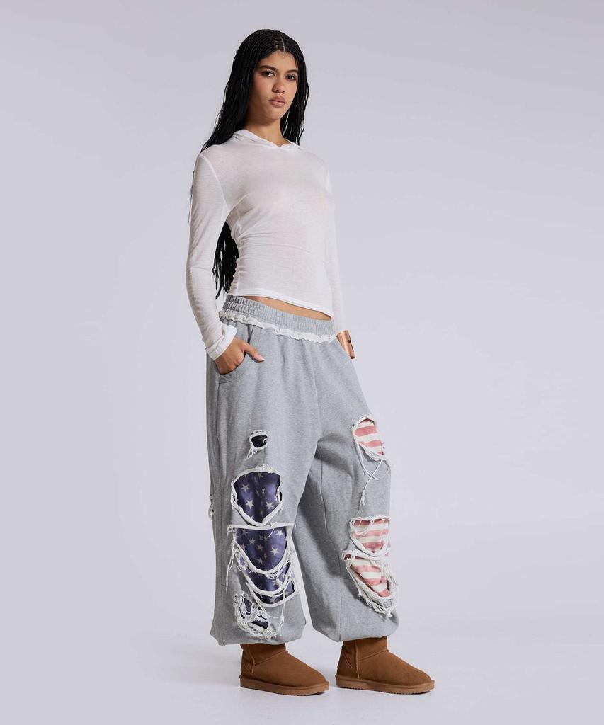 Jeidideuleondeon (U) Grey Marl Stars And Stripes Distressed Monster Jogger Grey