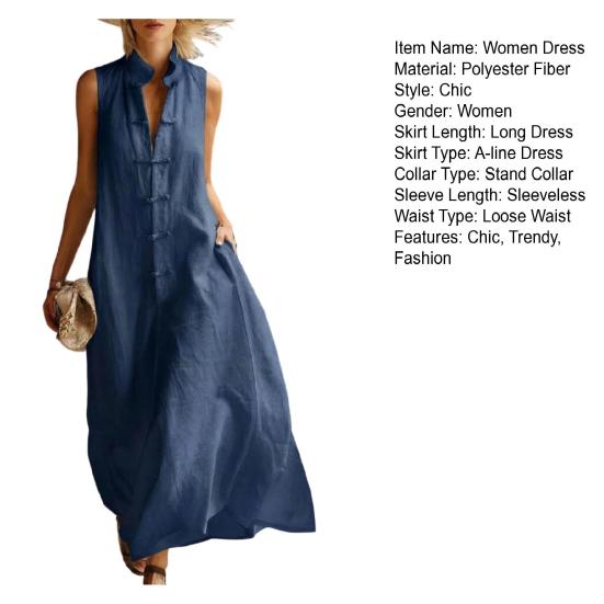 Damen Sommer Ärmellos Knopfleiste Tankkleid Stehkragen Lässig Baumwolle Leinen Langes Kleid Locker A-Linie Fließend Strand