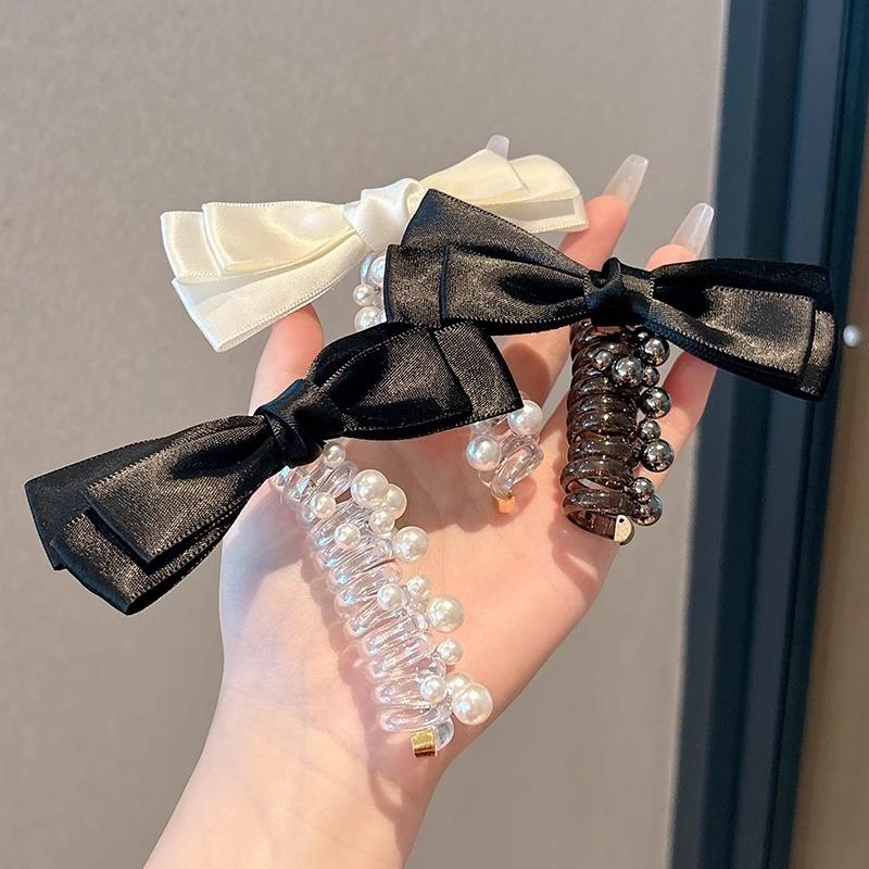 Bowknot Hair Ties Elegant Ponytail Holder Accessories Braided Telephone Wire Hair Ties Pearl Elastic Spiral Hair Bands For Women