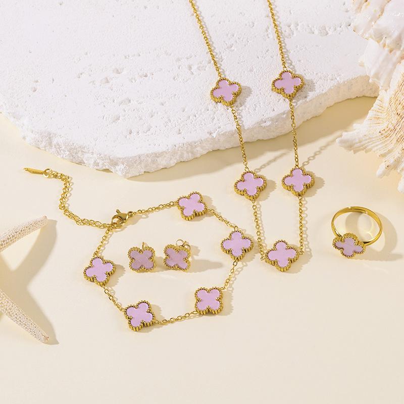4pcs Four-Leaf Clover Four-Piece Set Including Necklace, Bracelet, Earrings and Ring, Versatile Lucky Five-Petal Fashion Jewelry