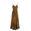 Women Satin Slip Maxi Dress V‑Neck Vintage Print High Waist Sleeveless Long Dress