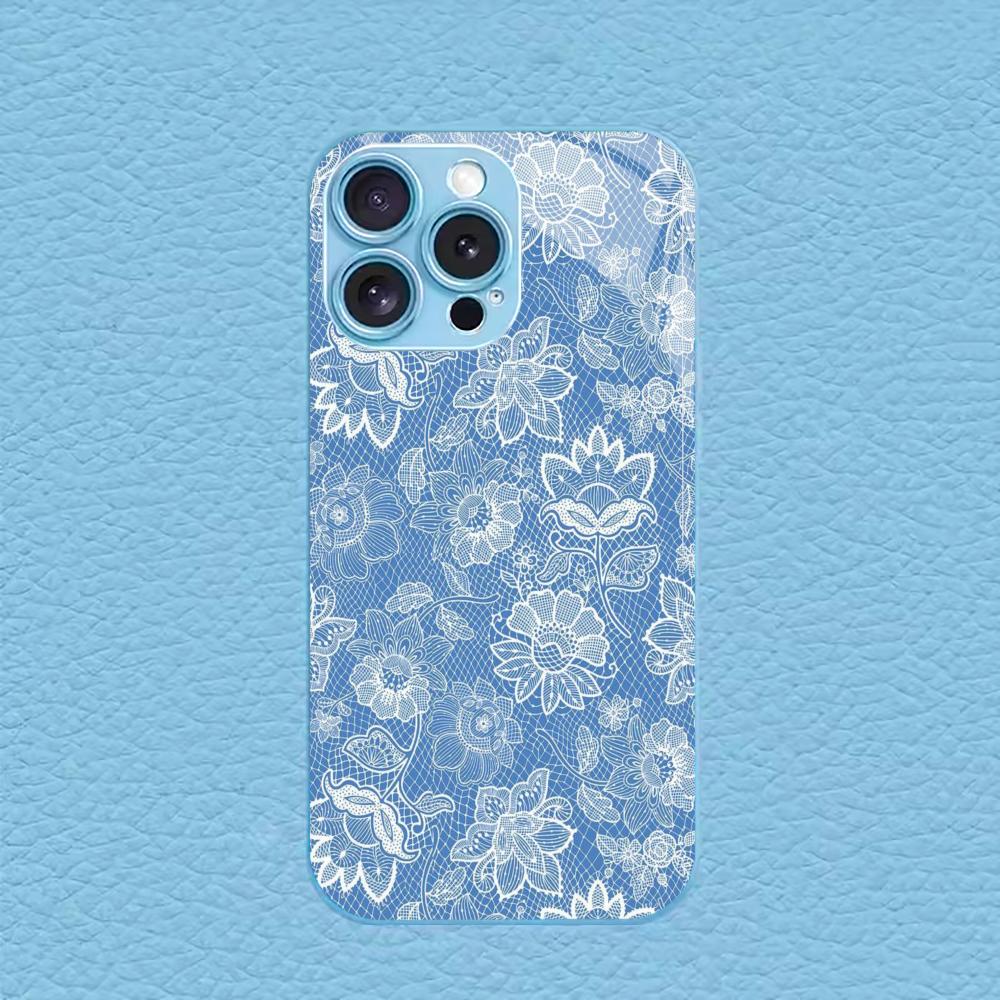 Light Blue White Lace phone case for iphone 17 case for iphone 17 pro max cover Glass for iPhone 17 16 15 14 13 12pm Pro Plus