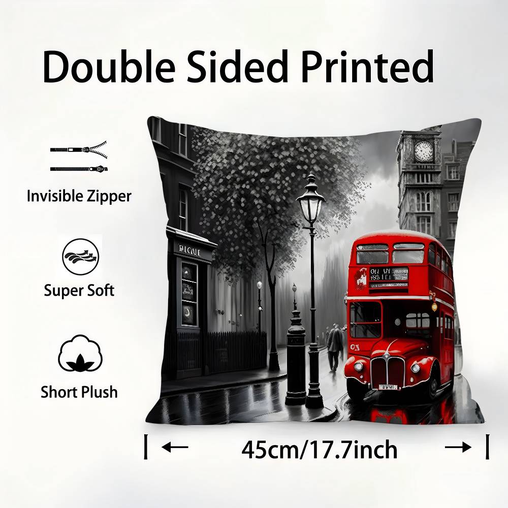 Urban Bus Car London Sreet Eiffel Tower Pillow Case Sofa Decorative Home Double-Sided Printing Short Plush Cushion Pillow Cover
