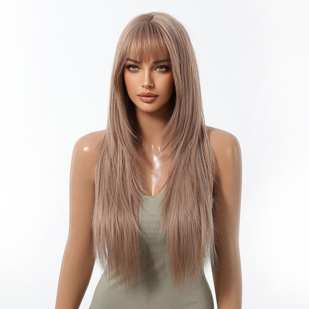 Synthetic Layered Wig Long Rose Gold Straight Wigs with Bangs Blonde Cosplay Party Natural Hair Wigs for Women Heat Resistant