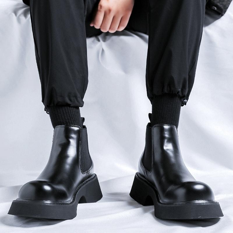 Chelsea boots 2024 men's new thick heel versatile elastic mouth short boots flat bottom round head cigarette boots 3166-Y