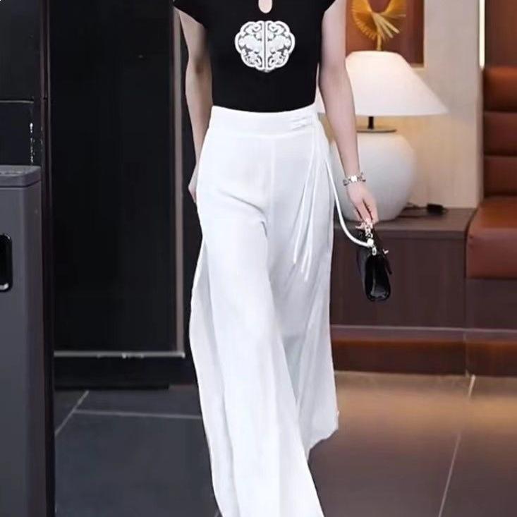 Plus Size Women's Chiffon Wide-Leg Trousers - Summer Lightweight, Elastic Waist, Casual Loose Fit 2026