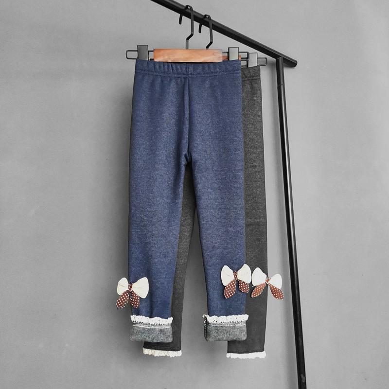 Imitation Denim Girls Pant Autumn Winter Plus Velvet Warm Long Pants Bow Lace Kids Trousers