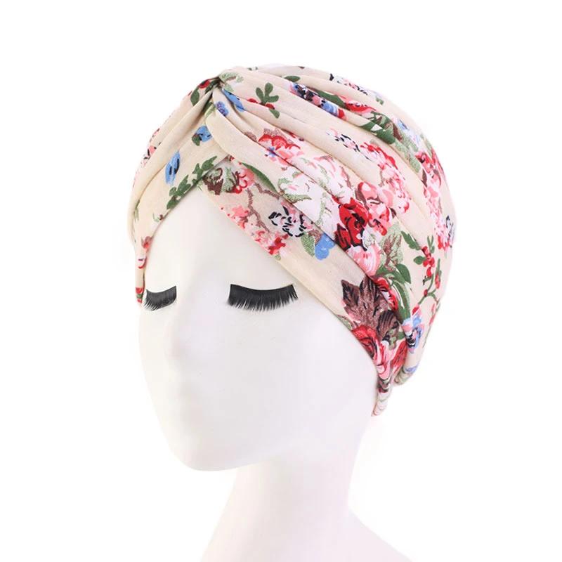 Indian Turban Muslim Women Hijab Floral Printed Hat Cancer Chemo Cap Islamic Hair Loss Cover Beanie Bonnet Head Scarf Pleated