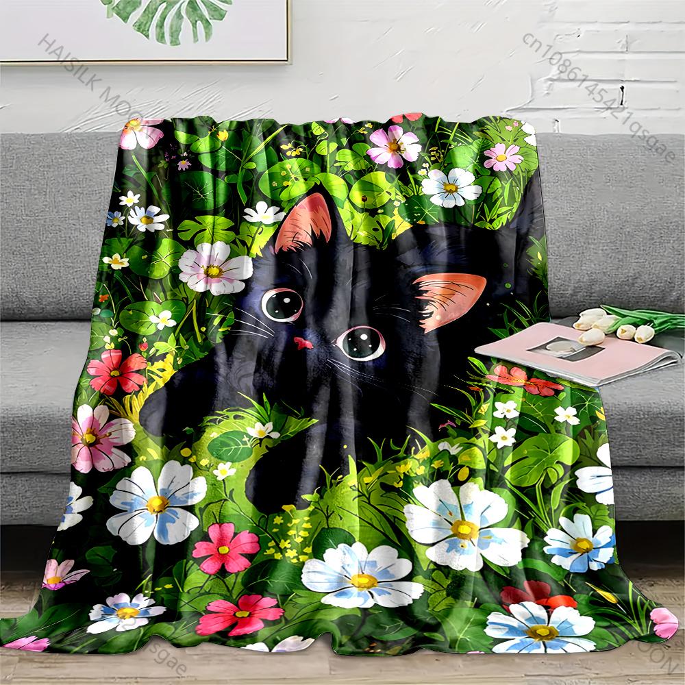 

Multiple sizes Black cat in flower field Blanket Suitable for Home Bedroom Sofa Travel Camping Blanket Various Sizes for Gifts 75x100cm