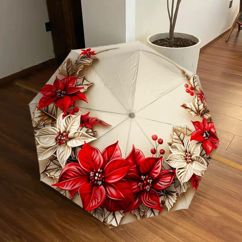 

Christmas Poinsettia & Holly Wreath Design Automatic Opening Umbrella - Portable Tri-Fold Design with 8-Bone Iron Frame, Perfect Holiday Gif