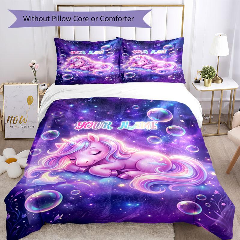 3PC Custom Name Unicorn Dreams Space Bedding Set Duvet Cover Closure Includes 1 Duvet Cover & 2 Pillowcases for Bedroom