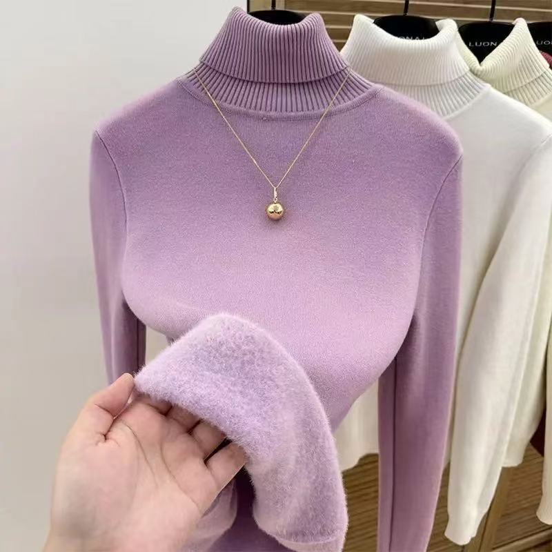 Winter High Collar Solid Color Velvet Warm Bottomed Sweater Women Simple All-match Knitting Pullover Top