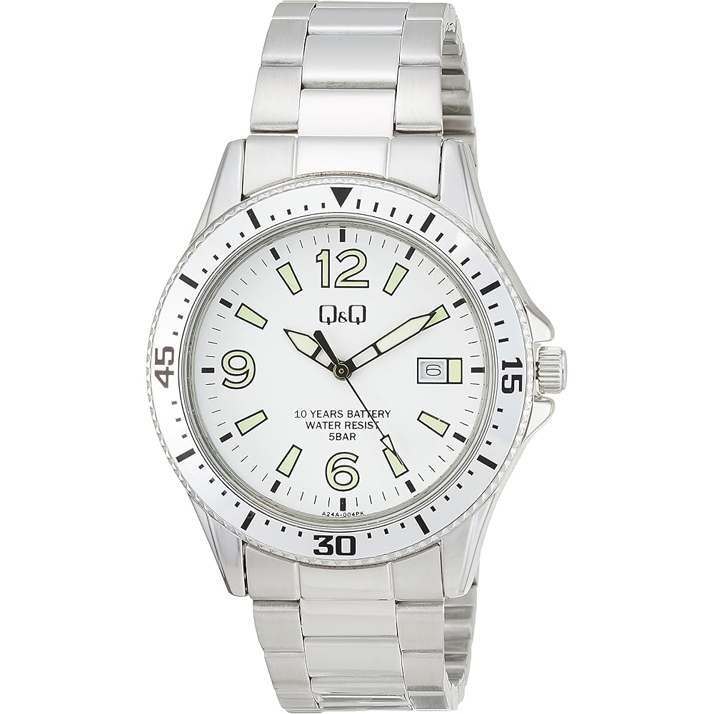

Citizen Q&Q Analog Watch 10-Year Battery Life Waterproof Date Metal Band A24A-004PK Men s White