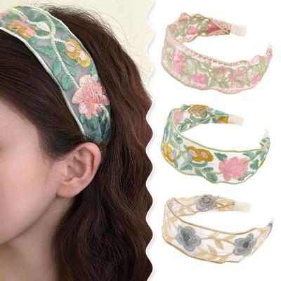 Mesh Garn Breites Stirnband Retro Stickerei Blume Muster Haar Hoop Weiche Elastische Stirnband