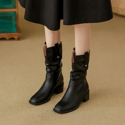 Runde Zehen Leder Damen Mid-Calf Schuhe Fleecegefüttert Mittelhoher Absatz Damen Halbstiefel Neu in Mode 2025 Wasserdicht Y2k Stiefel