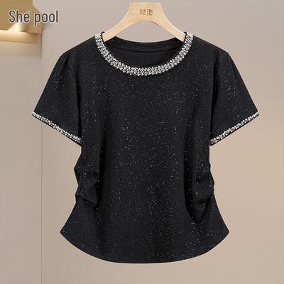 Damenmode Rundhals Falten Taille Kurzarm T-Shirt