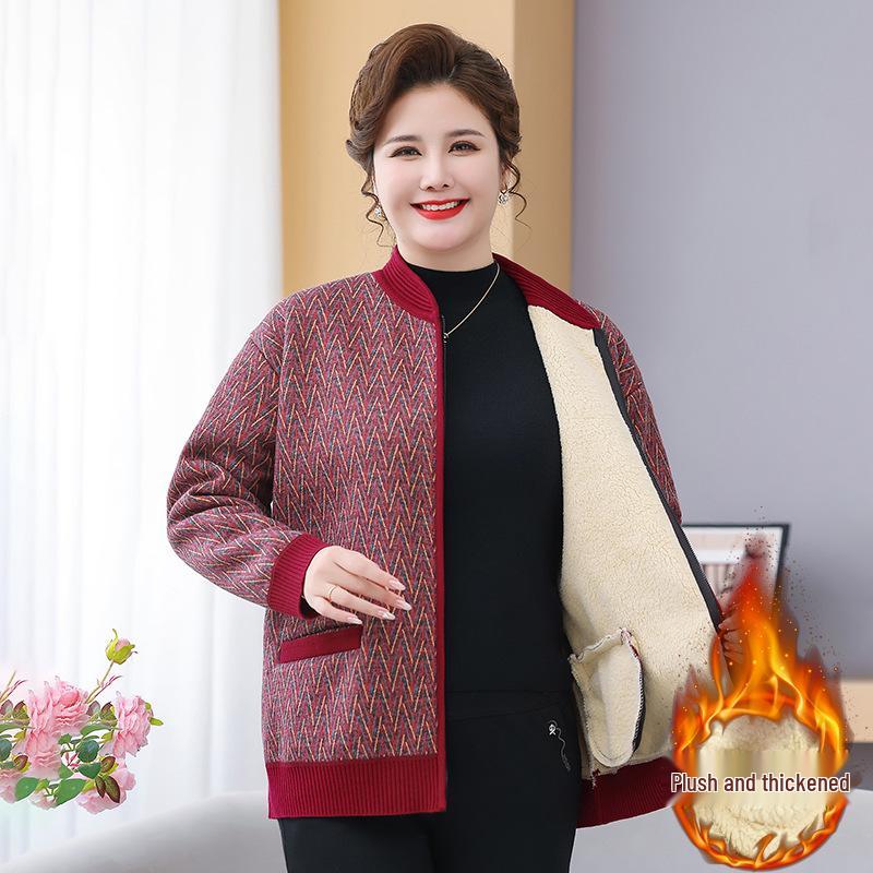 Fat Mama Plus Size Fleece-Lined Cardigan: Warm Autumn Winter Sweater for Middle-Aged & Elderly Women