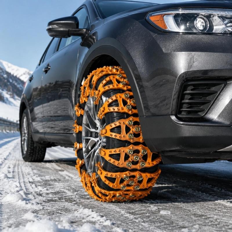 Snow Tire Chains with Individual Over-Tire Sections and Metal Contact Cups for Temporary Roadside Fitting and Use