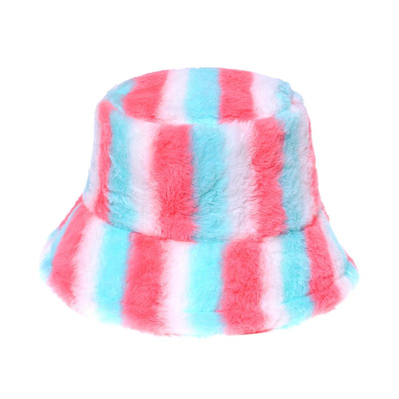 Japan and Korea casual fashion rabbit fur hat colorful striped basin hat warm bucket hat women's trend