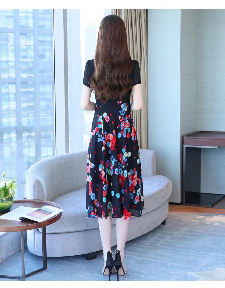 Women's Elegant Waist-Cinching Summer Chiffon Dress - Short-Sleeve, Two-Piece Look with Printed Design