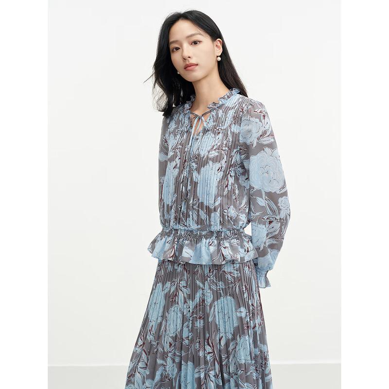 Juzui Women's Elegant Printed Pleated Tie-Neck Top