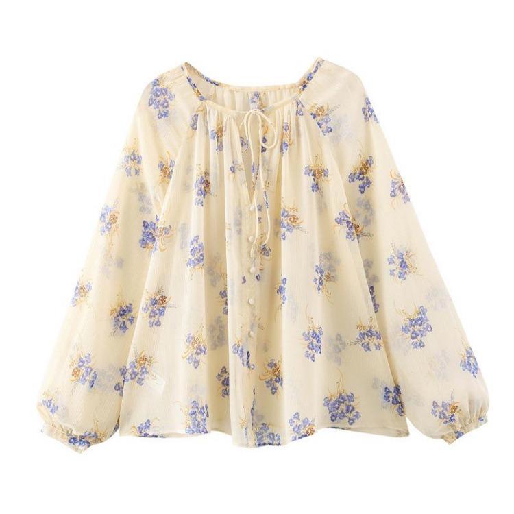 Women Elegant Floral Print Semi Transparent Shirt Spring Summer Style