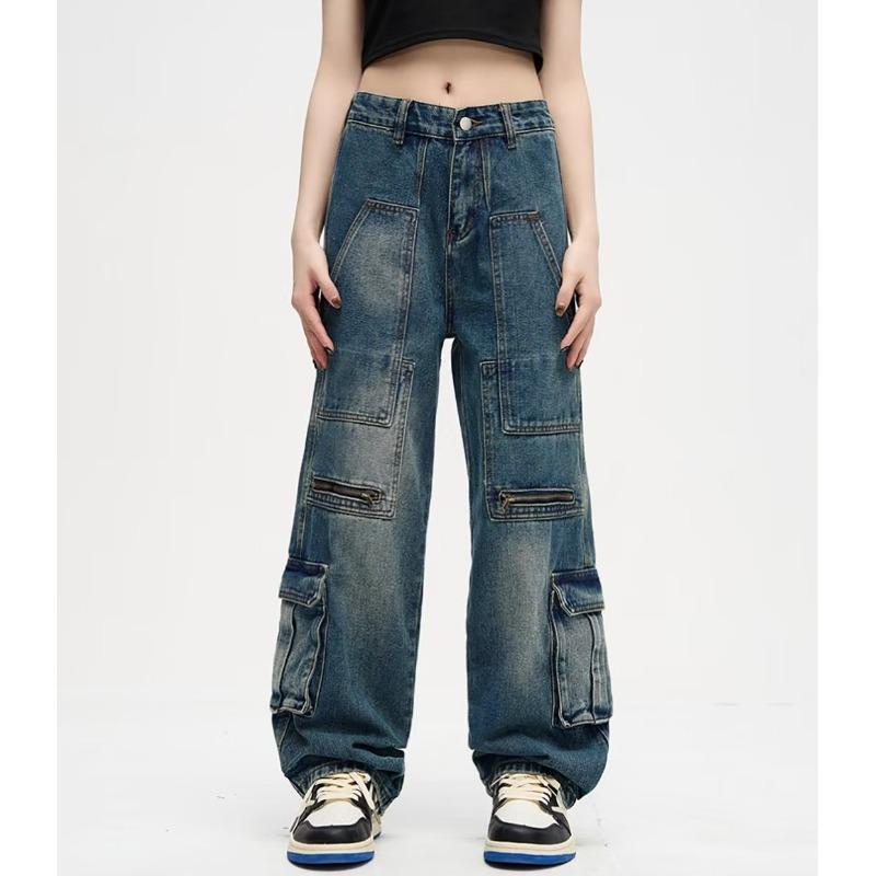 

Vintage Unisex Washed Distressed Multi-Pocket Workwear Jeans XL синій