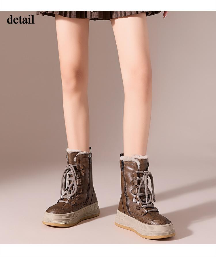 Women's Winter Chunky Platform Snow Boots Lace-Up Non-Slip Warm Fur Lined Ankle Booties Comfortable Walking Shoes Leather Mid-Calf Boot for Women