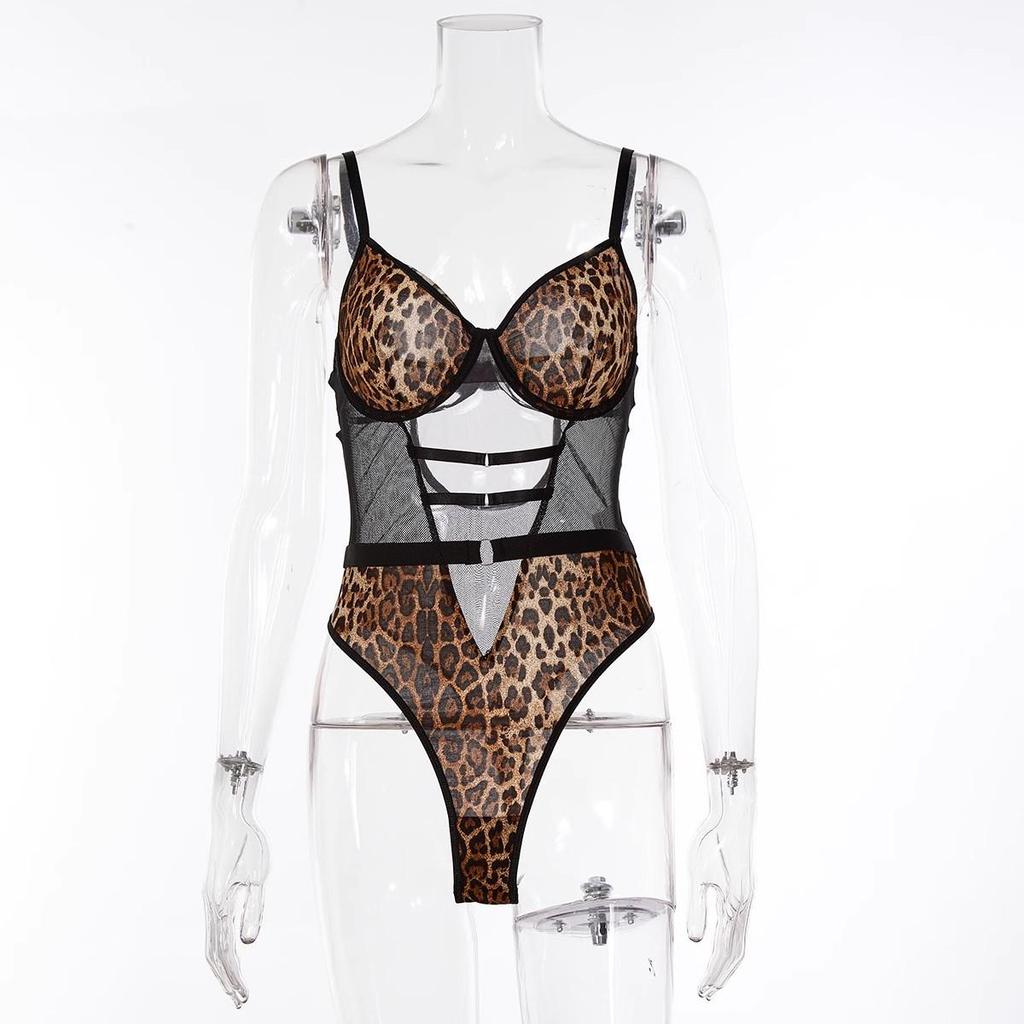 European & American Leopard Print Sheer Temptation Sexy Lingerie Bodysuit W658