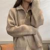 Solid color simple double zipper knitted cardigan top women's autumn and winter new loose lazy wind sweater jacket tide