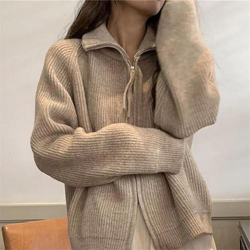 Solid color simple double zipper knitted cardigan top women's autumn and winter new loose lazy wind sweater jacket tide