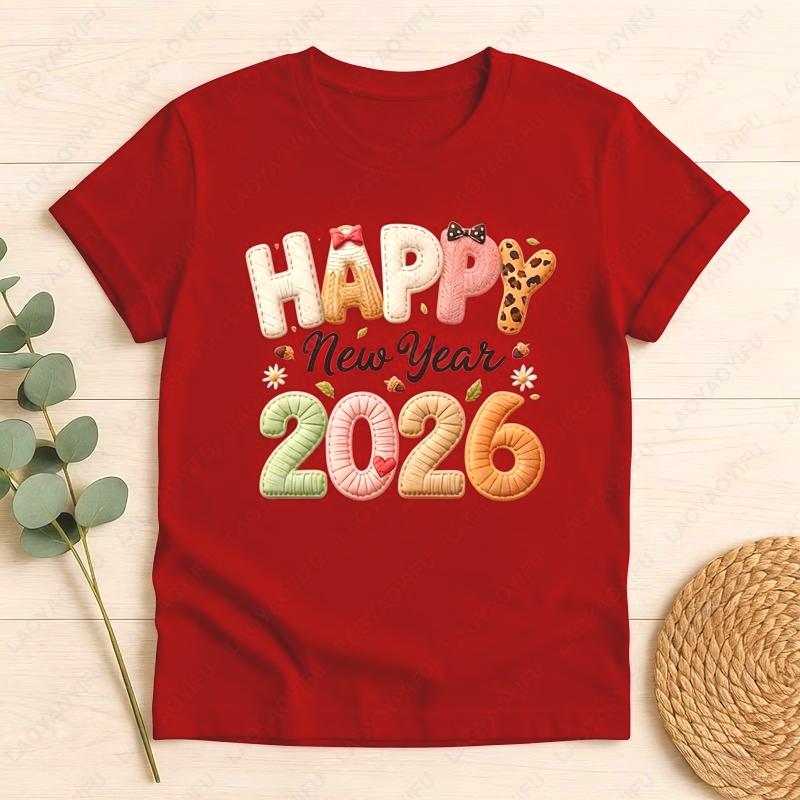 Frohes Neues Jahr 2026 Baumwollhemd für Erwachsene Festival-Stickerei-Stil Niedliche Schleife Grafik Schönes Damen-T-Shirt Kreativer Trend Kawaii Kleidung