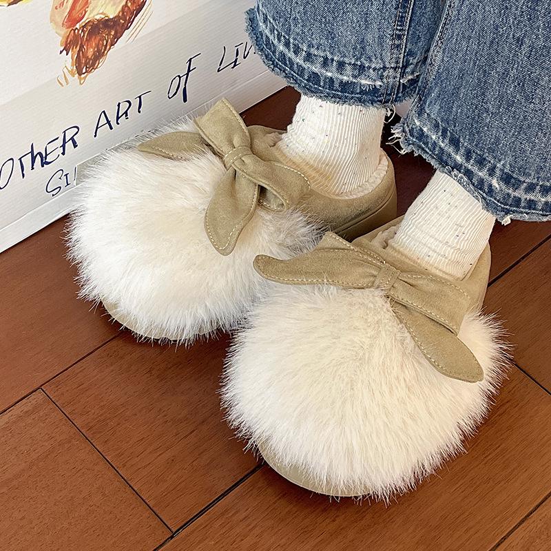 Women's Furry Bow Cotton Slippers: Thick-Soled, Velvet-Lined, Warm, Non-Slip for Autumn & Winter Indoors