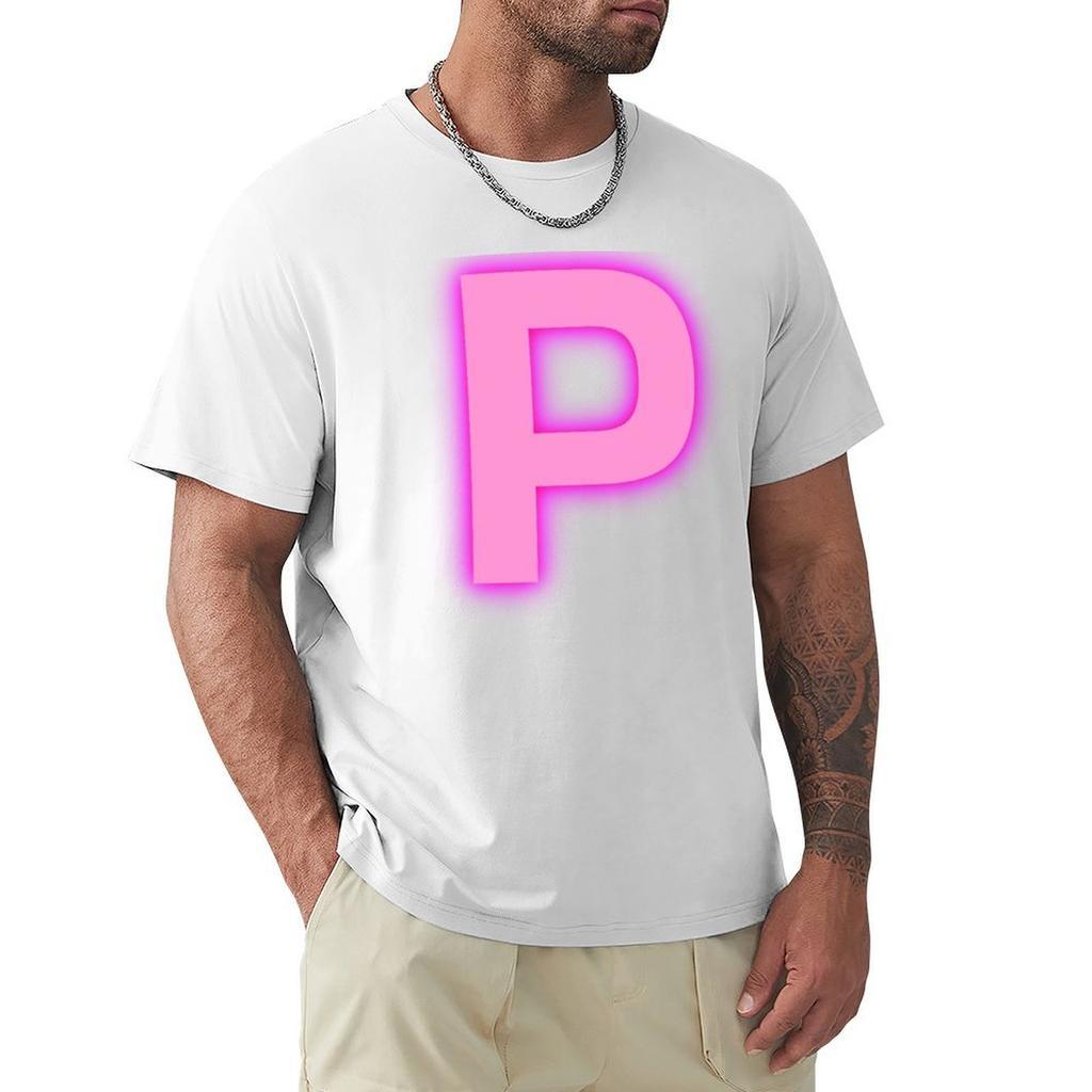 Letter P Pink Neon Lights Tshirt Outdoor Sports Short Sleeve Top
