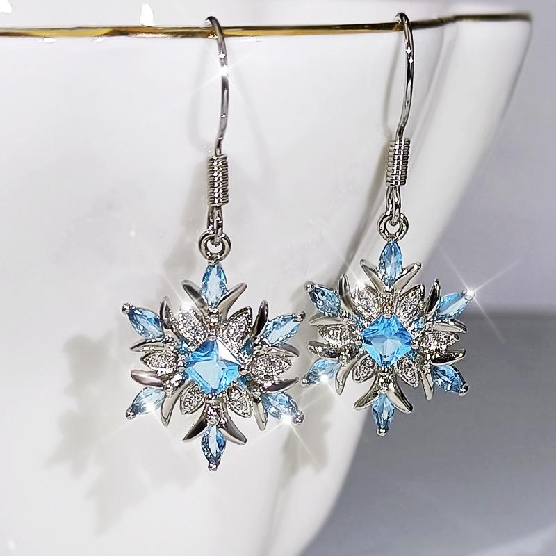 Silver Classic Snowflake Ring Shape Blue Zircon Wedding Jewelry Set Female Earring Necklace Ring Three-piece Set
