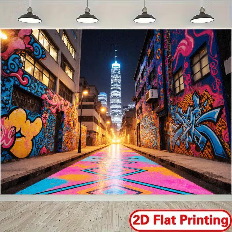 

2D Urban Graffiti Night City Backdrop Neon Street Art Skyscraper Background 47.2x31.5inch/120*80cm