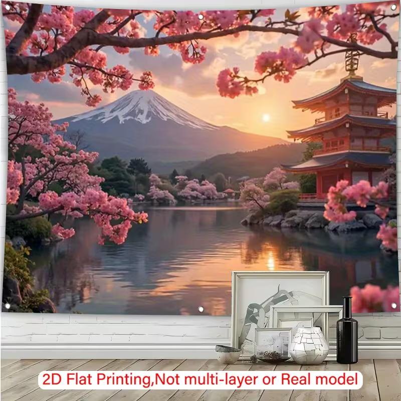 2D Asian Themed Backdrop, Mount Fuji & Red Pagoda with Blooming Sakura Banner