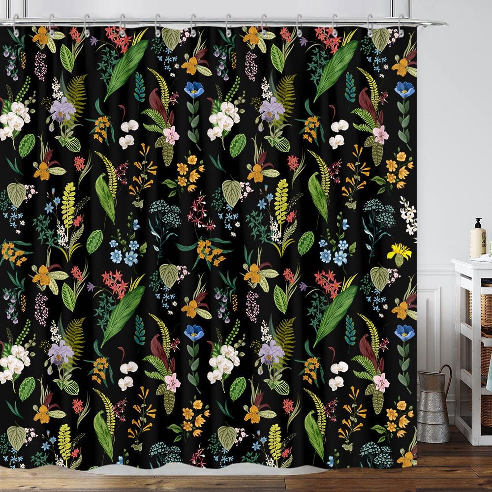 Vintage Boho Floral Shower Curtain, Cute Retro Bohemian Flower Botanical Aesthetic Decorative Shower Curtain Set with Hooks